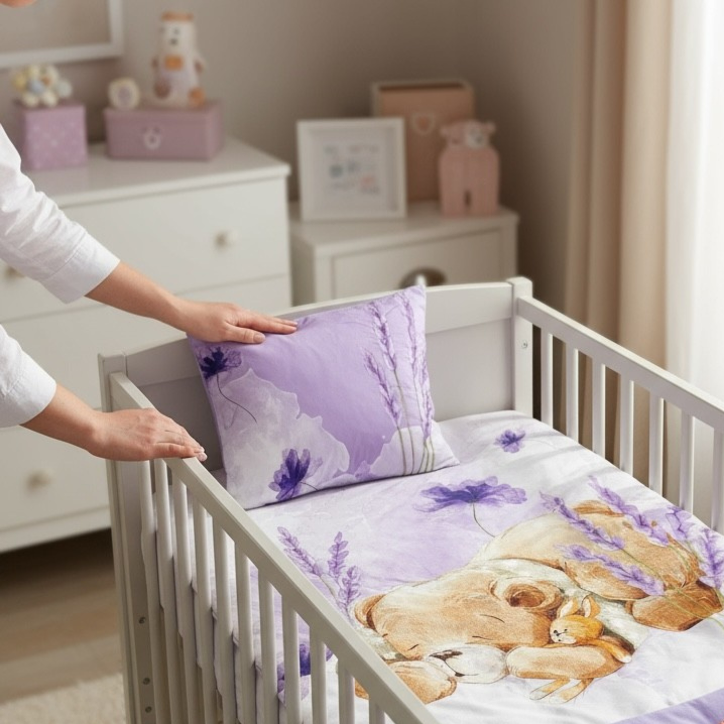 Lavender Bear Dream: 3-Piece 100% Cotton Baby Bedding Set