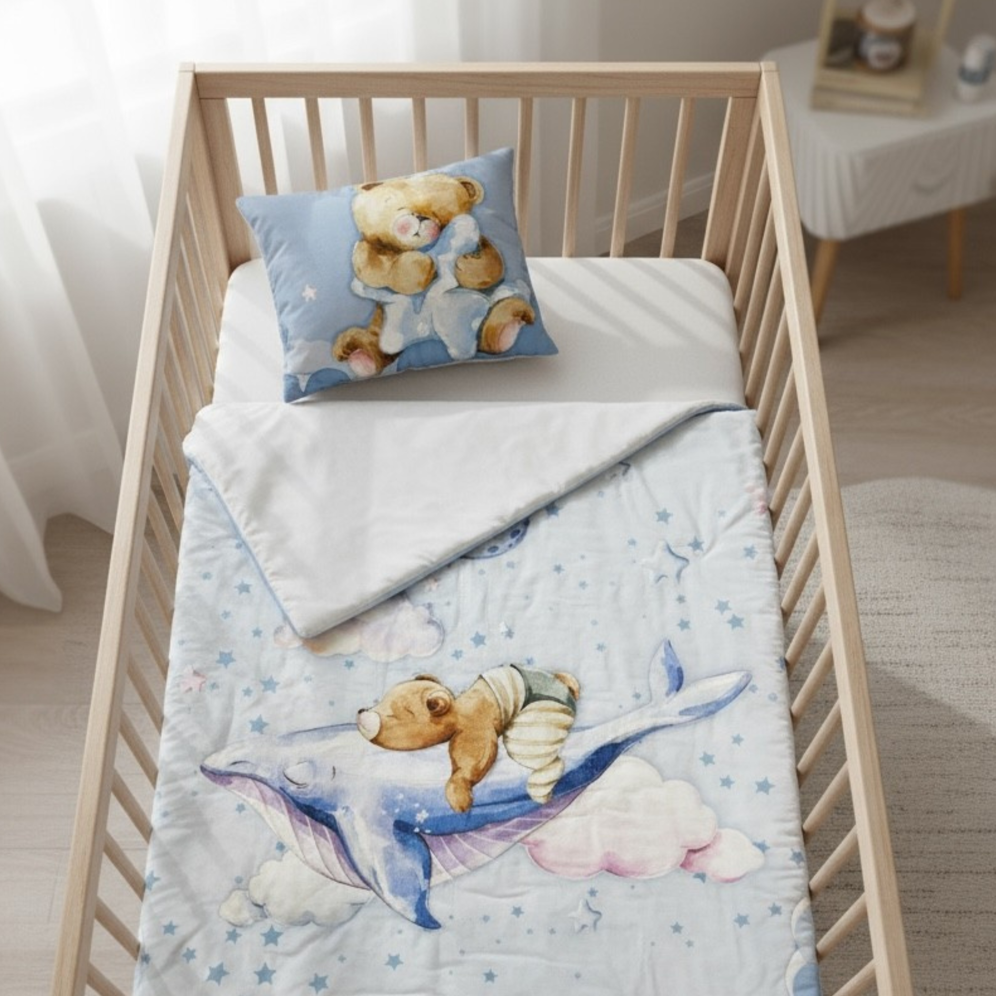 Dream Whale Voyage: 3-Piece 100% Cotton Baby Bedding Set