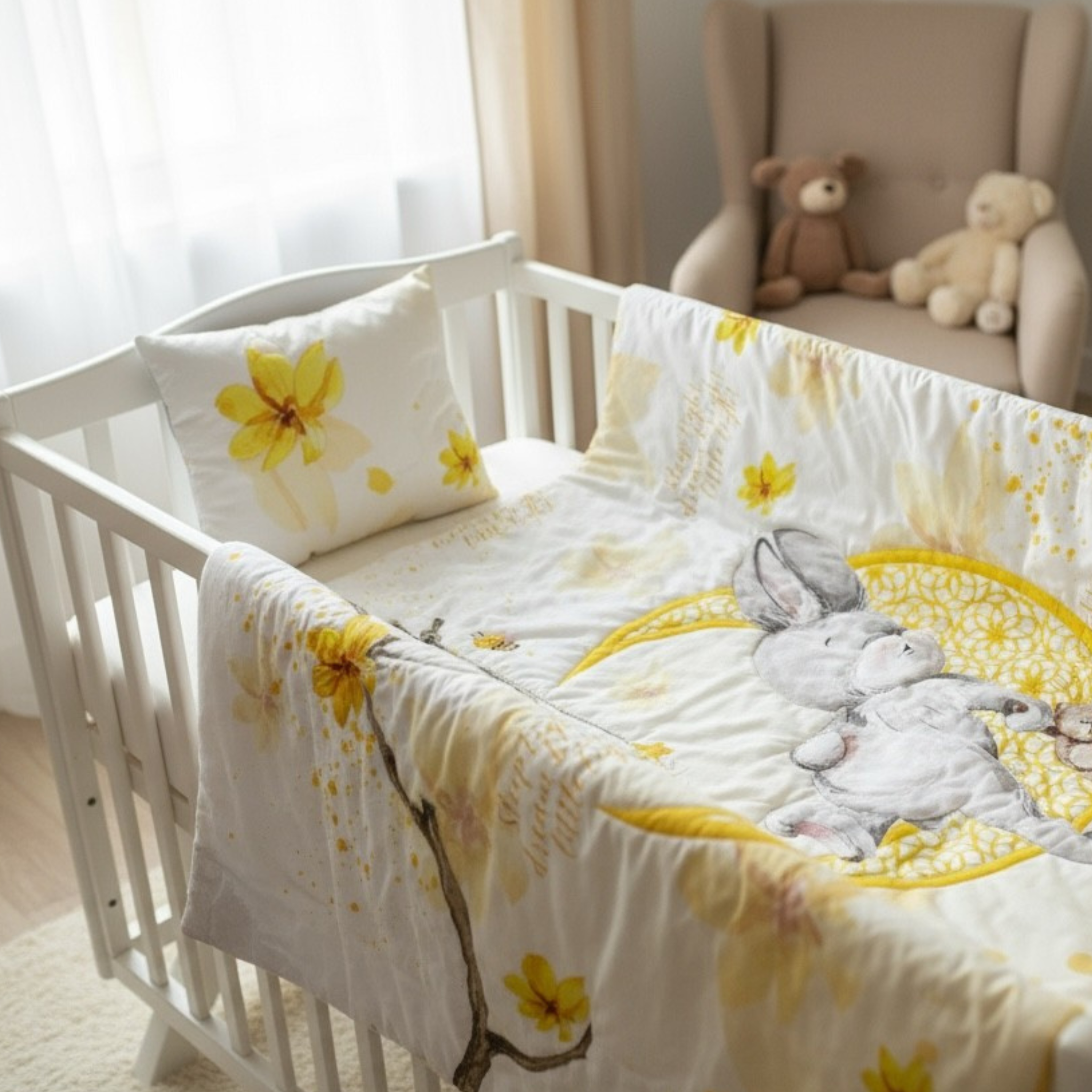 Golden Bunny Dream: 3-Piece 100% Cotton Baby Bedding Set