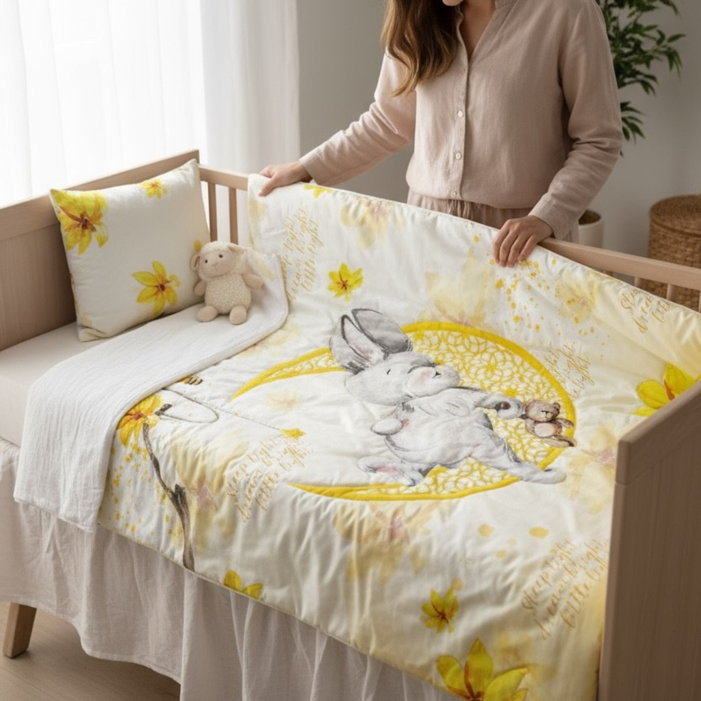 Golden Bunny Dream: 3-Piece 100% Cotton Baby Bedding Set